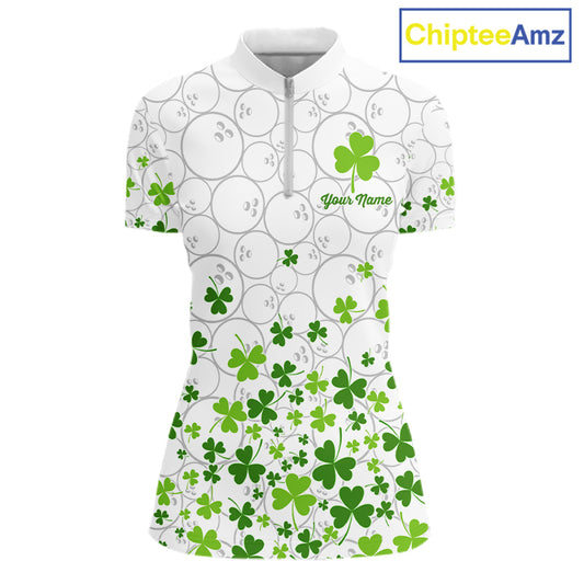 Custom Green shamrock pattern White Camo Bowling shirts for Women St Patrick's day team bowling shirt NQS11611