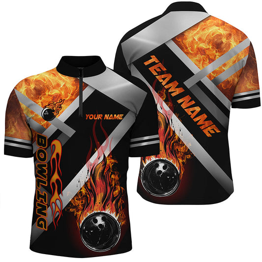 Men bowling Quarter Zip shirt Custom Black bowling ball Flame Bowling Team Jerseys, gift for Bowlers NQS7432
