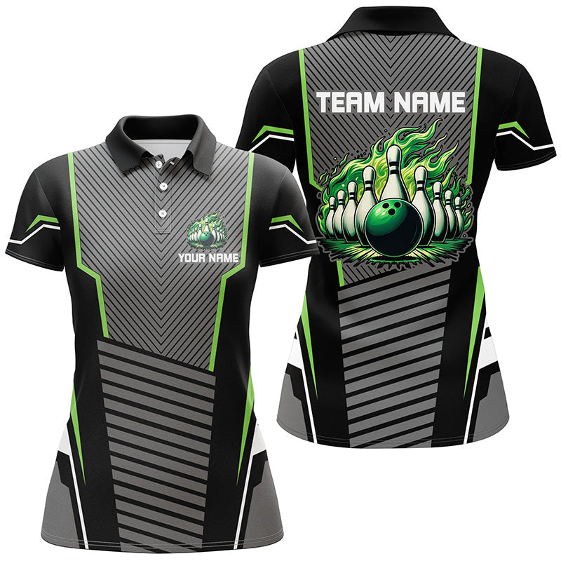Green flame Bowling Polo, 1/4 Zip Shirt for Women Custom Black Bowling Team Jerseys gift for bowlers NQS7590