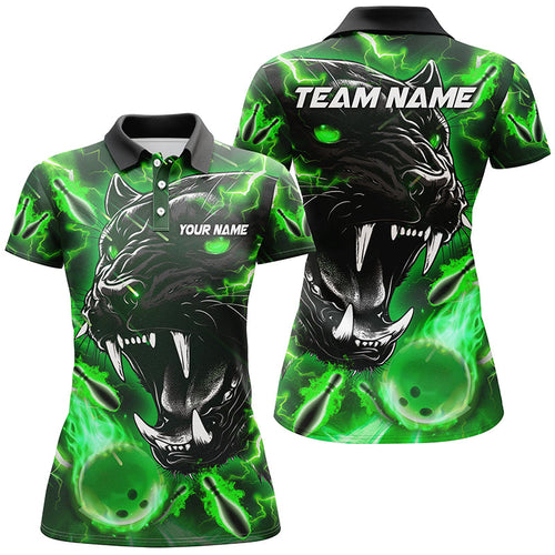 Green Flame Panther Bowling Polo, Quarter Zip Shirts For Women Custom Bowling Team League Jerseys NQS8653