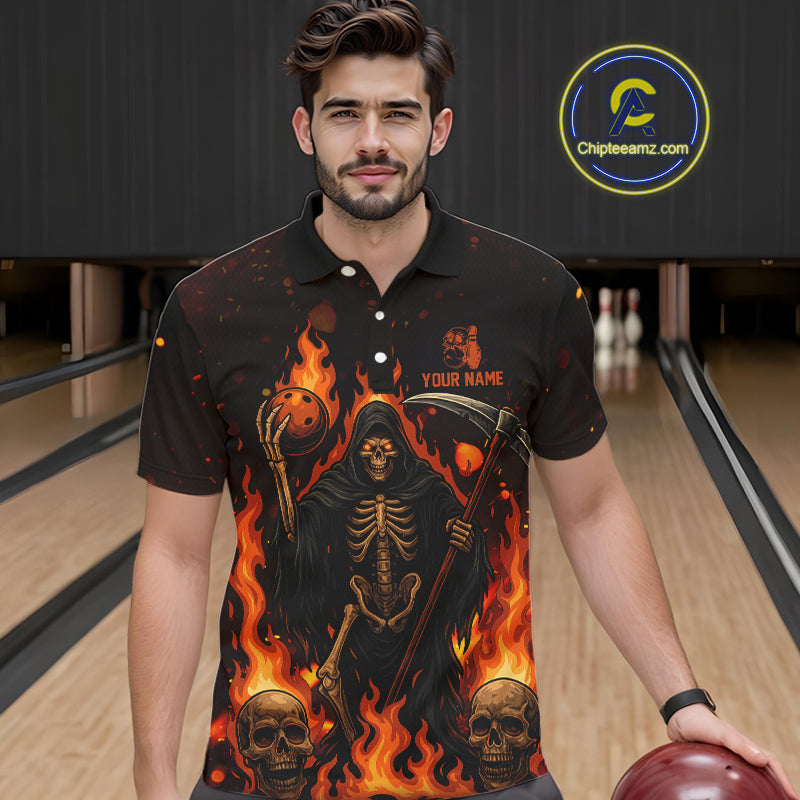 Black And Orange Flame Reaper Skull Custom Halloween Bowling Team Shirts For Men, Bowling Gifts NQS10835