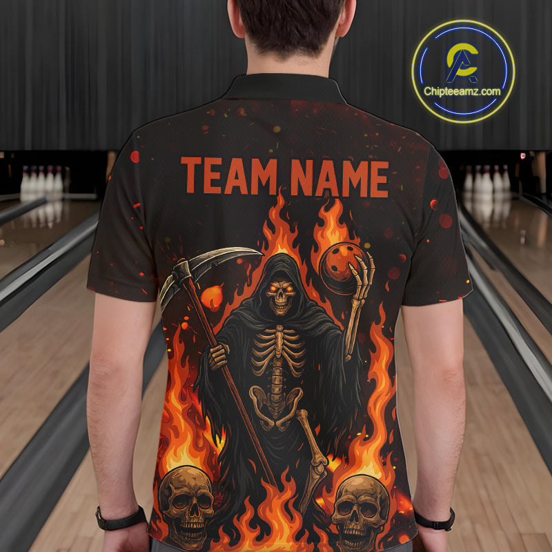 Black And Orange Flame Reaper Skull Custom Halloween Bowling Team Shirts For Men, Bowling Gifts NQS10835