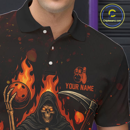 Black And Orange Flame Reaper Skull Custom Halloween Bowling Team Shirts For Men, Bowling Gifts NQS10835