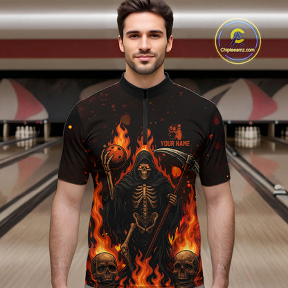 Black And Orange Flame Reaper Skull Custom Halloween Bowling Team Shirts For Men, Bowling Gifts NQS10835