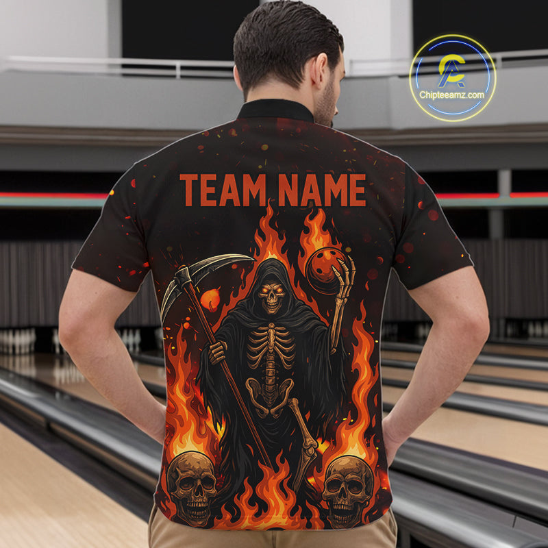 Black And Orange Flame Reaper Skull Custom Halloween Bowling Team Shirts For Men, Bowling Gifts NQS10835