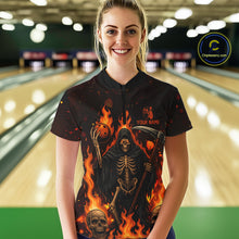 Load image into Gallery viewer, Black And Orange Flame Reaper Skull Custom Halloween Bowling Team Shirts For Women, Bowling Gifts NQS10835