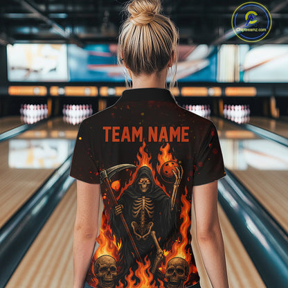 Black And Orange Flame Reaper Skull Custom Halloween Bowling Team Shirts For Women, Bowling Gifts NQS10835