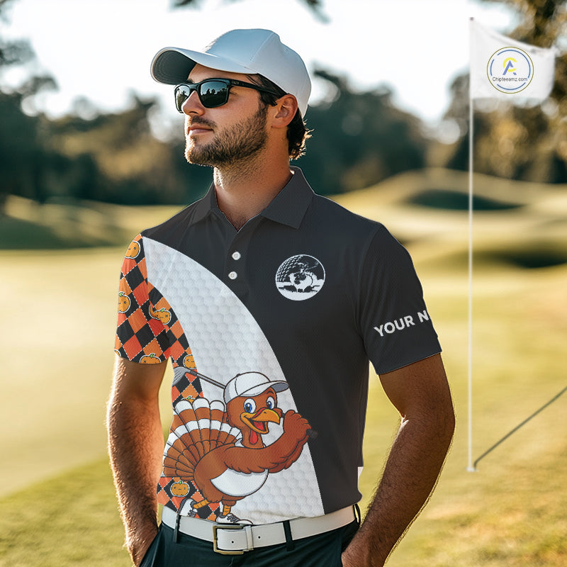 Golf Turkey Thanksgiving Mens Polo Shirt Orange Pumpkin argyle pattern Custom Golf outfit For Men NQS10839