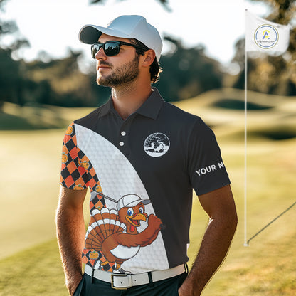 Golf Turkey Thanksgiving Mens Polo Shirt Orange Pumpkin argyle pattern Custom Golf outfit For Men NQS10839