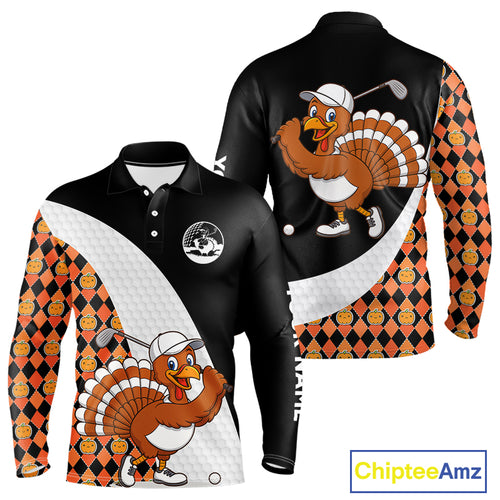 Golf Turkey Thanksgiving Mens Polo Shirt Orange Pumpkin argyle pattern Custom Golf outfit For Men NQS10839