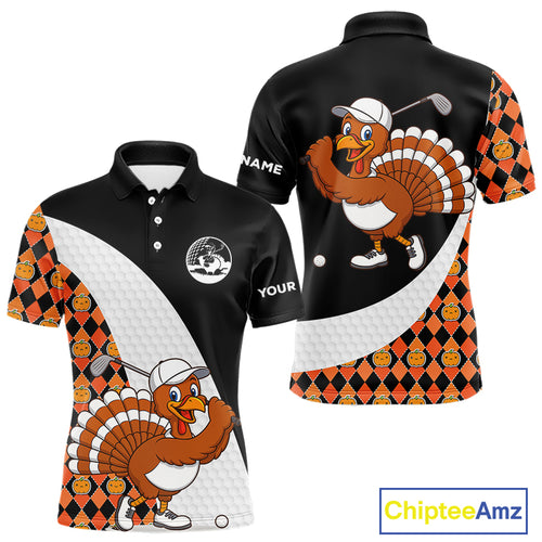 Golf Turkey Thanksgiving Mens Polo Shirt Orange Pumpkin argyle pattern Custom Golf outfit For Men NQS10839