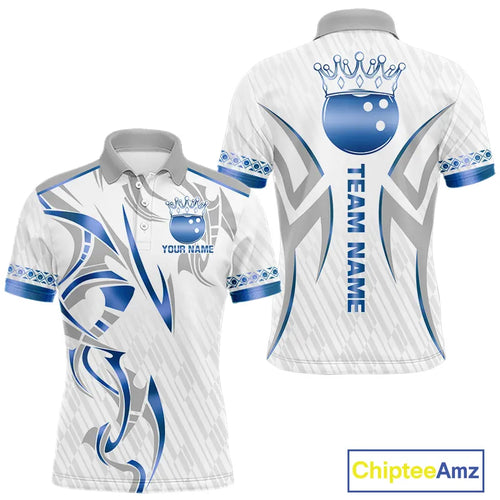 White and Blue crown Bowling ball Polo, Quarter Zip Shirts for Men Custom Bowling Team jerseys NQS11008