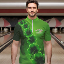 Load image into Gallery viewer, Green shamrock Lucky Bowling Polo, 1/4 Zip Shirt for Men Custom St Patrick Day Bowling Team Jerseys NQS9486