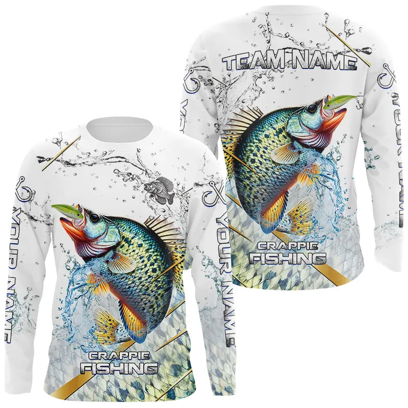 Crappie Green scales water Custom White Long Sleeve Fishing Shirts, Personalized Crappie Fishing Gifts NQS9646