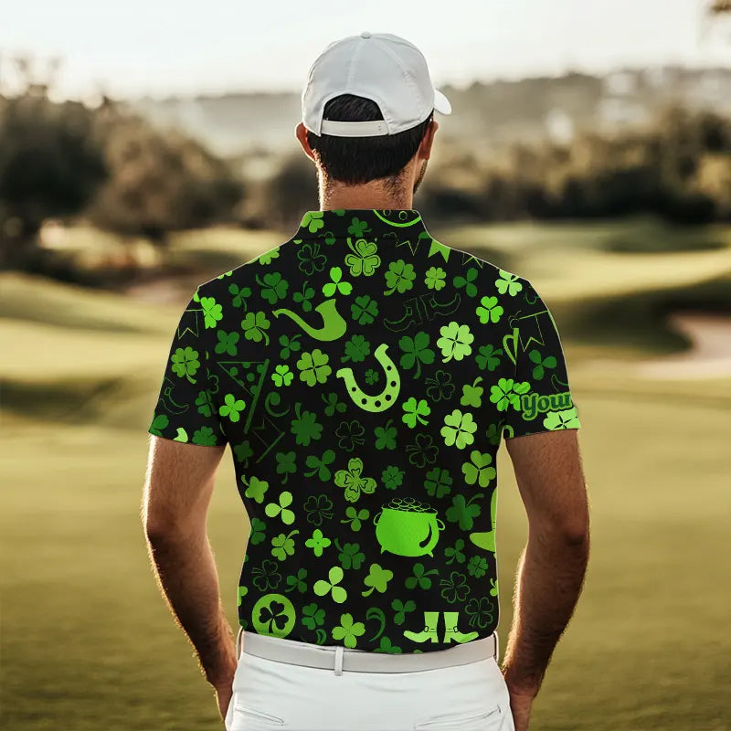Green shamrock St Patrick Day pattern Lucky polo golf shirts for men Custom St Patrick golf attire NQS9649