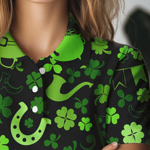 Load image into Gallery viewer, Green shamrock St Patrick Day pattern Lucky polo golf shirts for Women Custom St Patrick golf attire NQS9649