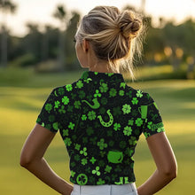 Load image into Gallery viewer, Green shamrock St Patrick Day pattern Lucky polo golf shirts for Women Custom St Patrick golf attire NQS9649