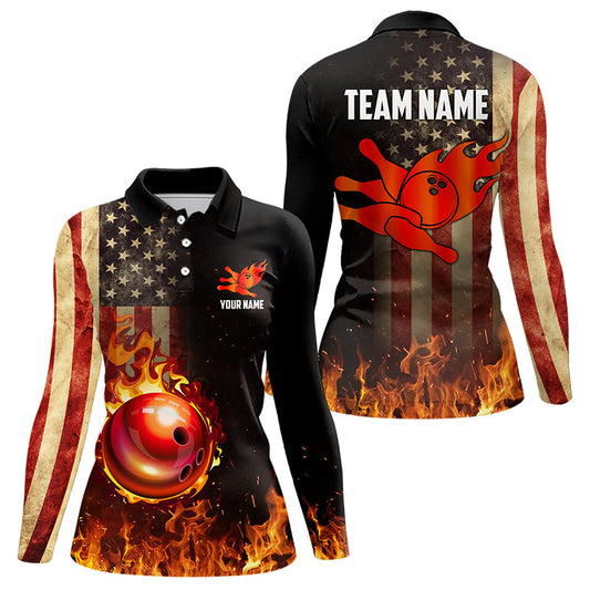 Vintage American Flag Flame Bowling Shirts For Women Custom Patriotic Ladies Bowling Team Jersey NQS9651