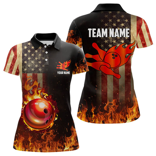 Vintage American Flag Flame Bowling Shirts For Women Custom Patriotic Ladies Bowling Team Jersey NQS9651