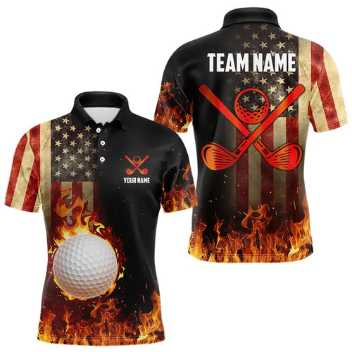 Flame Golf ball vintage American Flag Golf polo shirts for men Custom patriotic mens golf attire NQS9650
