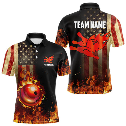 Vintage American Flag Flame Bowling Shirts For Men Custom Patriotic Mens Bowling Team Jersey NQS9651