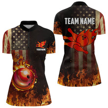 Load image into Gallery viewer, Vintage American Flag Flame Bowling Shirts For Women Custom Patriotic Ladies Bowling Team Jersey NQS9651