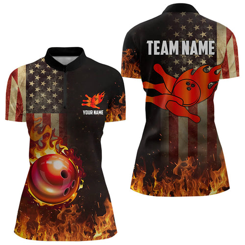 Vintage American Flag Flame Bowling Shirts For Women Custom Patriotic Ladies Bowling Team Jersey NQS9651