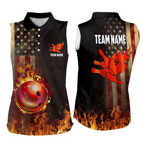 Vintage American Flag Flame Bowling Sleeveless Polo Shirt Custom Patriotic Ladies Bowling Team Jersey NQS9651