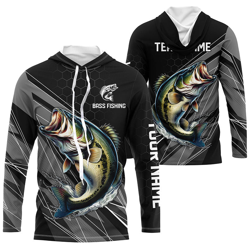 Personalized Black camo Largemouth Bass Fishing Jerseys, Bass Long Sleeve Fishing Tournament Shirts NQS8012