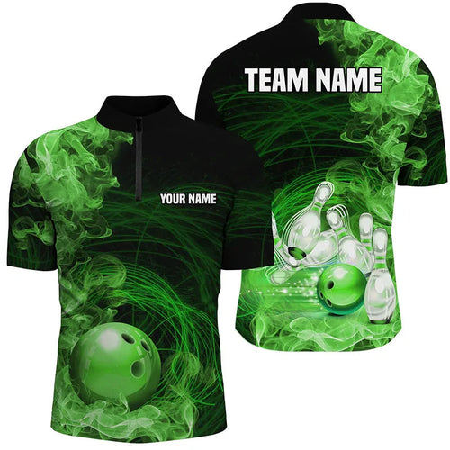 Green Flame Fire Bowling Polo, Quarter Zip Shirt For Men Custom team bowling jersey, Gift for Bowlers NQS8663