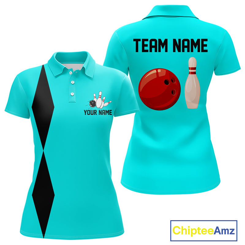 Personalized Retro Women Bowling Polo, 1/4 Zip Shirts custom vintage bowling team jersey | Cyan Blue NQS11017