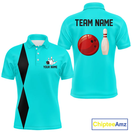 Personalized Retro Bowling Polo, 1/4 Zip Shirt For Men custom vintage bowling team jersey | Cyan Blue NQS11017