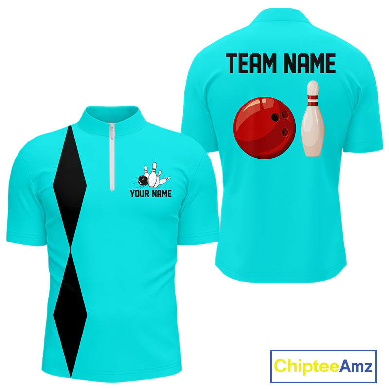 Personalized Retro Bowling Polo, 1/4 Zip Shirt For Men custom vintage bowling team jersey | Cyan Blue NQS11017
