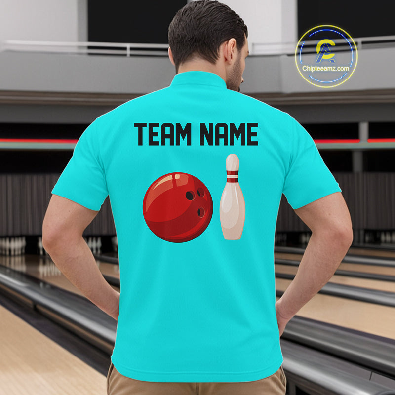 Personalized Retro Bowling Polo, 1/4 Zip Shirt For Men custom vintage bowling team jersey | Cyan Blue NQS11017