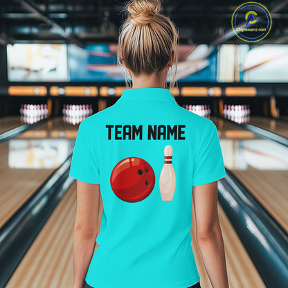 Personalized Retro Women Bowling Polo, 1/4 Zip Shirts custom vintage bowling team jersey | Cyan Blue NQS11017