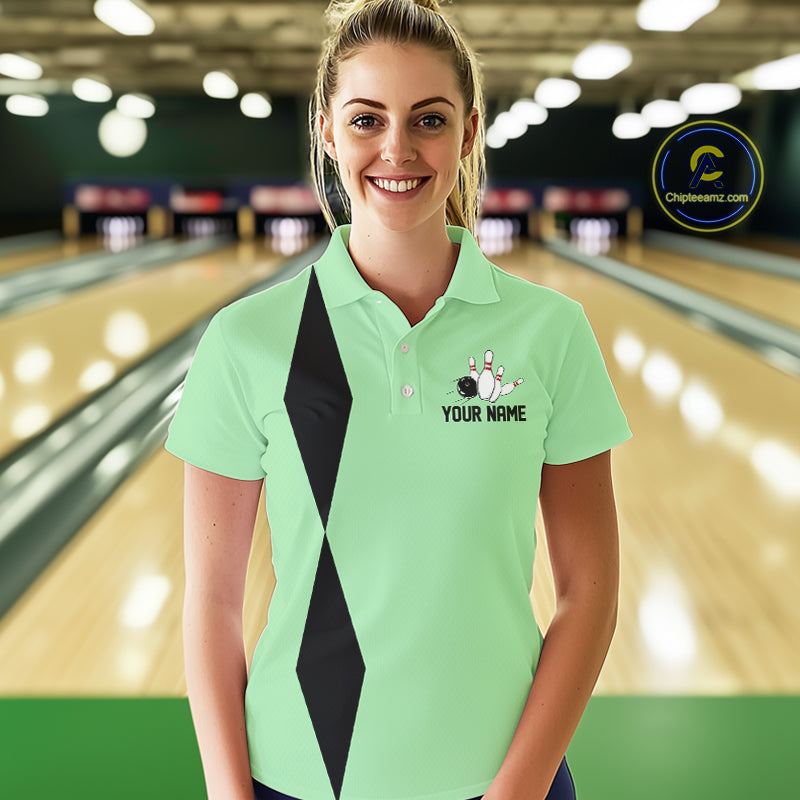 Personalized Retro Women Bowling Polo, 1/4 Zip Shirts custom vintage bowling team jersey | Mint Green NQS11018