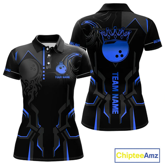 Black and Blue Bowling Polo, Quarter Zip Shirts For Women Custom Bowling Crown Team Jerseys Outfits NQS11221