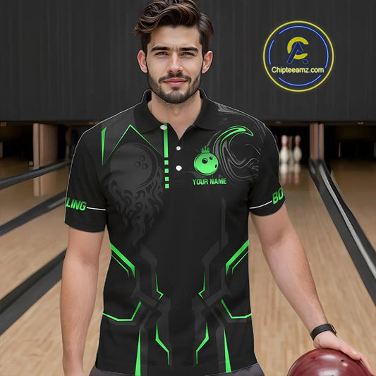 Black and Green Bowling Polo, Quarter Zip Shirts For Men Custom Bowling Crown Team Jerseys Outfits NQS11222