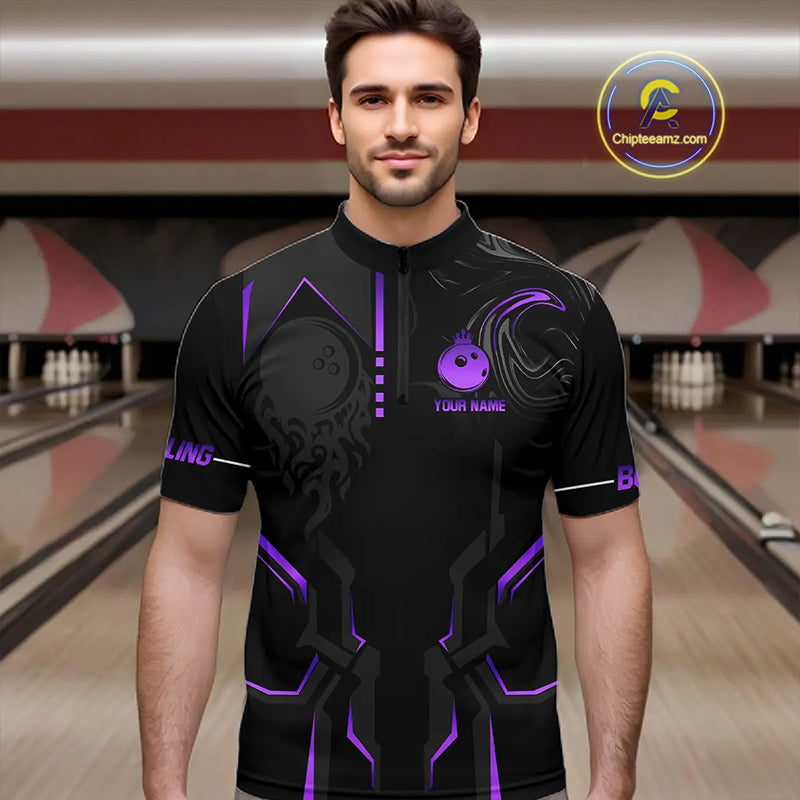 Black and Purple Bowling Polo, Quarter Zip Shirts For Men Custom Bowling Crown Team Jerseys Outfits NQS11223