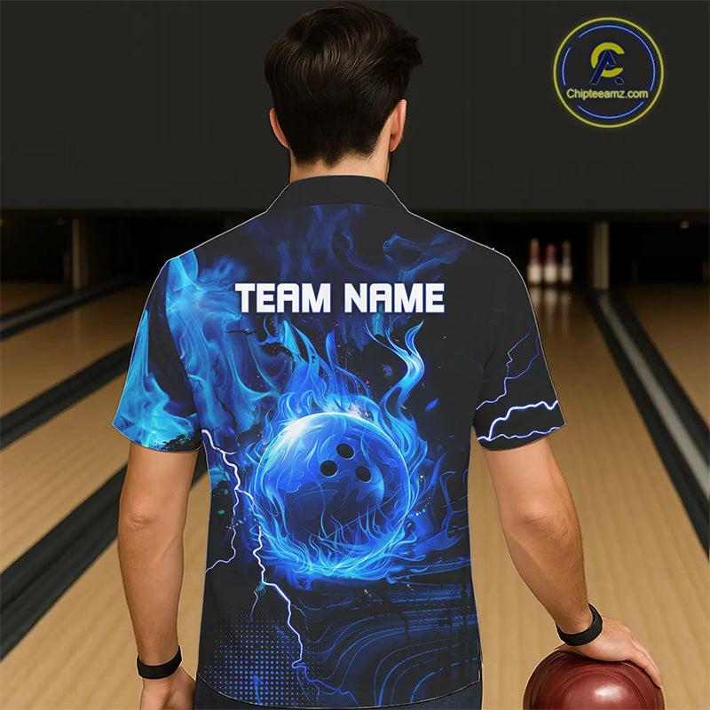 Black & Blue Flame Lightning Thunder Bowling Hawaiian Shirt Custom Bowling Team Jersey, Bowlers Gift NQS11227