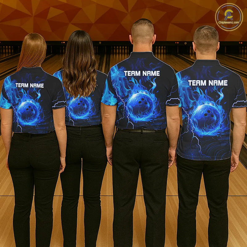 Black & Blue Flame Lightning Thunder Bowling Shirt For Women Custom Bowling Team Jersey, Bowlers Gift NQS11227