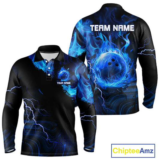 Black & Blue Flame Lightning Thunder Bowling Shirts For Men Custom Bowling Team Jersey, Bowlers Gift NQS11227