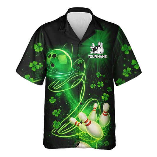 Green shamrock lightning thunder St Patrick's Day button-up bowling shirts custom team bowling jersey NQS11414
