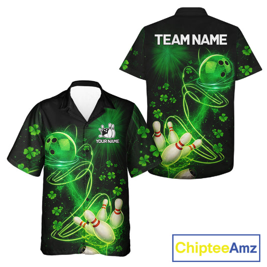 Green shamrock lightning thunder St Patrick's Day button-up bowling shirts custom team bowling jersey NQS11414