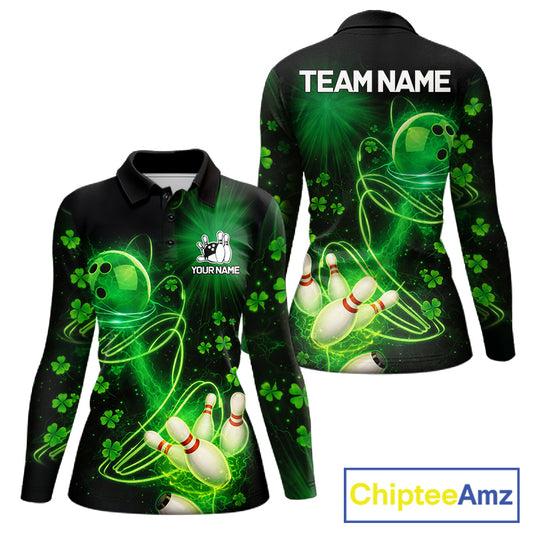 Green shamrock lightning thunder St Patrick's Day bowling shirts for women custom team bowling jersey NQS11414