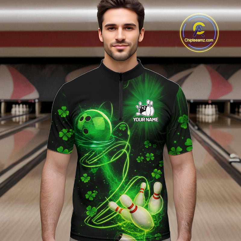 Green shamrock lightning thunder St Patrick's Day bowling shirts for men custom team bowling jerseys NQS11414