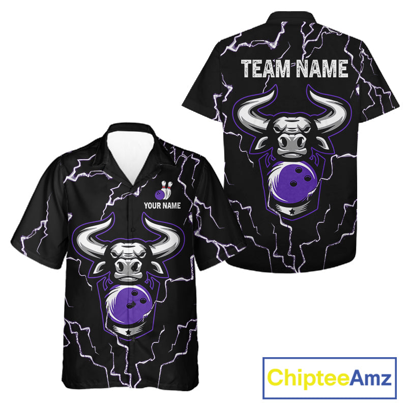 Bowling Bull Thunder Lightning Black & Purple Button-up bowling shirts custom Bowling Team Jersey NQS11419
