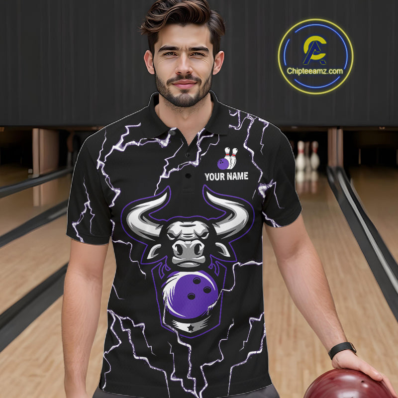 Bowling Bull Thunder Lightning Black & Purple Bowling shirt for men custom Bowling Team League Jersey NQS11419