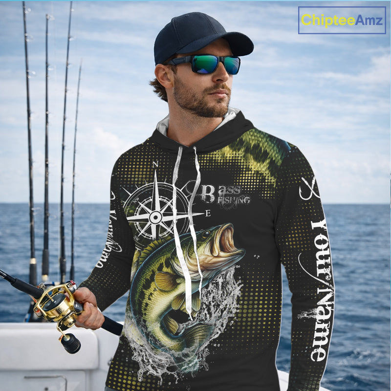 Personalized Black and Green Bass fishing scales compass Performance long sleeve Fishing Team Shirts NQS11725