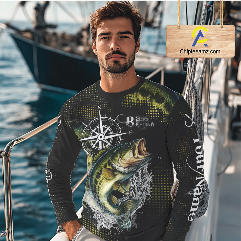 Personalized Black and Green Bass fishing scales compass Performance long sleeve Fishing Team Shirts NQS11725